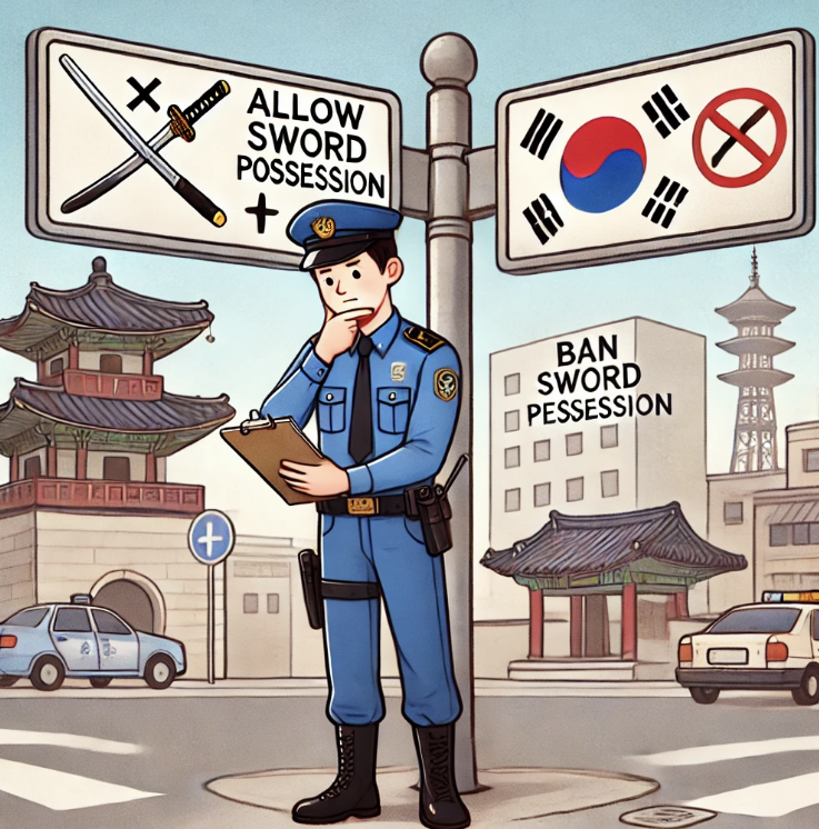 제복을 입은 경찰관이 한국의 도로에 서서 도검소지 허가를 검토하고 있는 모습.