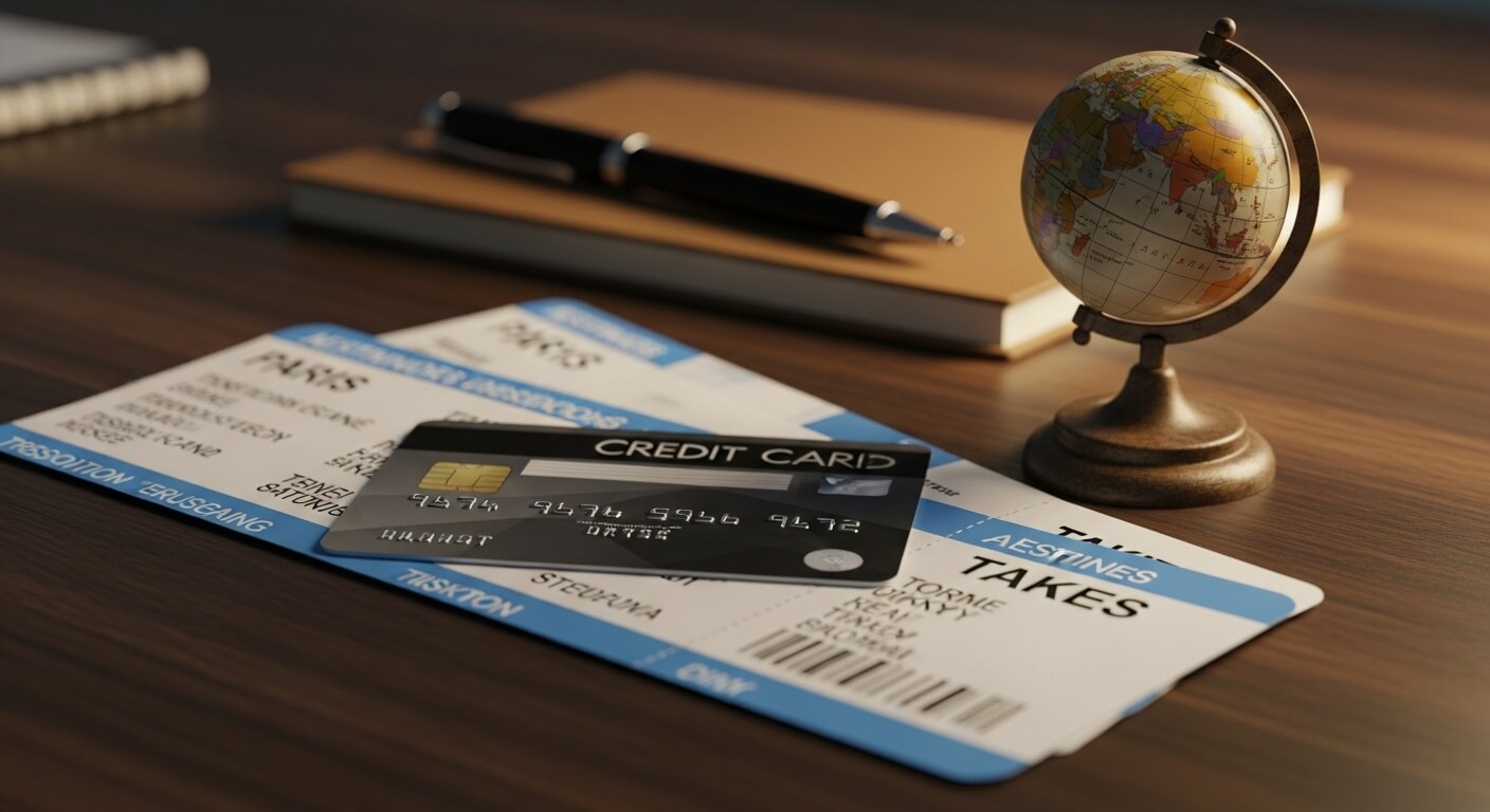 세계 지도 모양의 작은 지구본과 항공권&amp;#44; 신용카드가 나무 책상 위에 놓인 장면