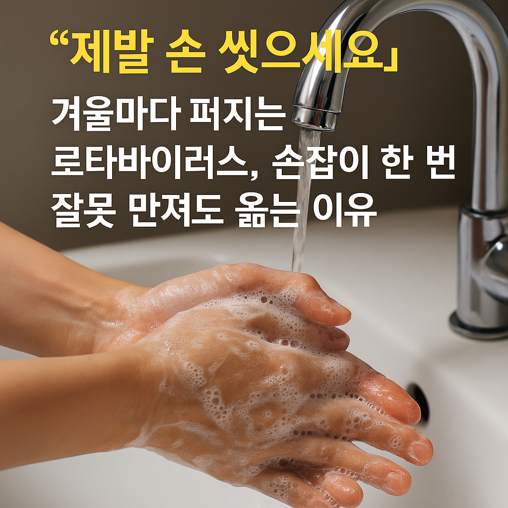 "비누 거품으로 손을 꼼꼼하게 씻는 모습과 함께 ‘제발 손 씻으세요’라는 문구가 있는 위생·로타바이러스 예방용 썸네일 이미지"