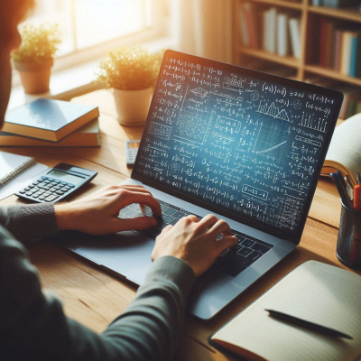다양한 계산 작업과 노트가 있는 책상에서 수학을 공부하는 사람의 모습입니다.
