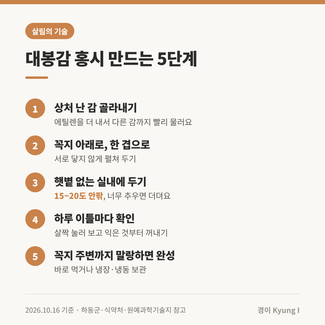 대봉감 홍시 만드는 5단계: 상처 난 감 골라내기, 꼭지 아래로 한 겹, 햇볕 없는 15~20도 안팎 실내, 하루 이틀마다 확인, 꼭지 주변까지 말랑하면 완성