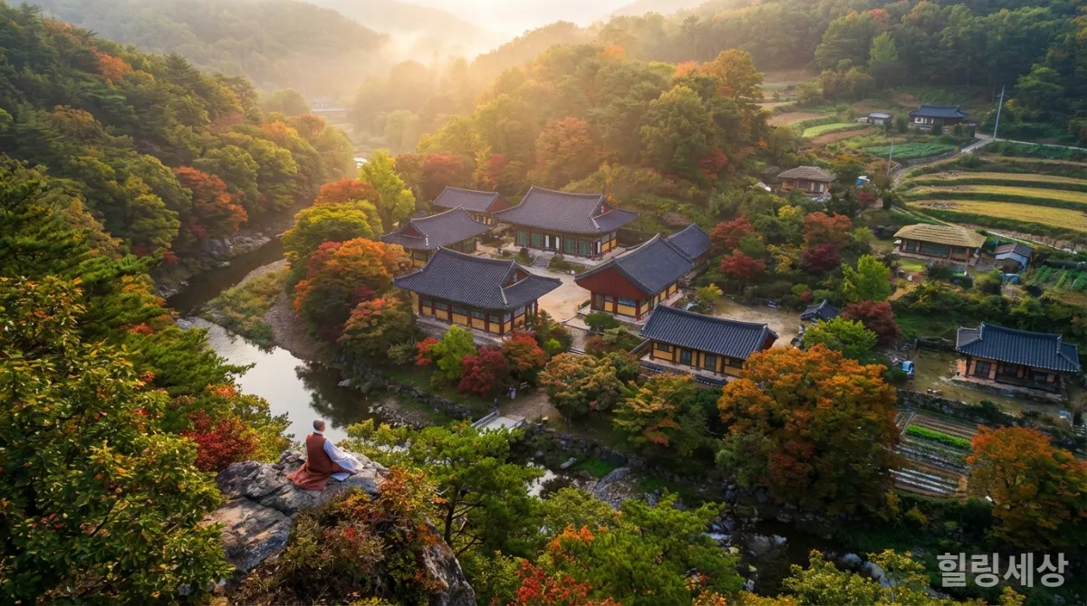한국의 숨겨진 시골 명소에서 고요함을 즐기는 한 사람의 모습
