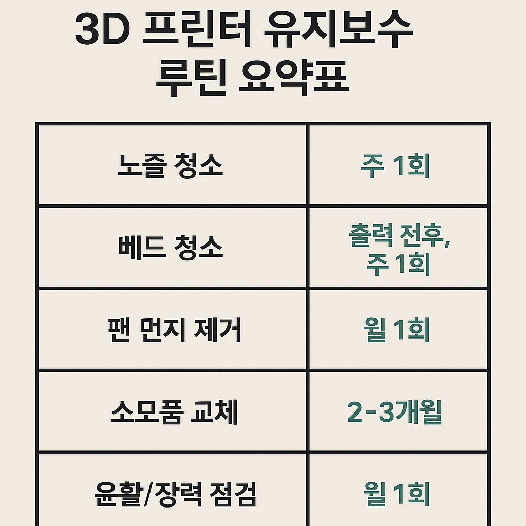 3D 프린터 유지보수 루틴 요약표