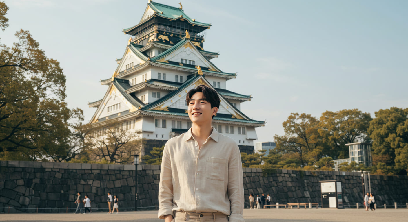 오사카 성 앞에서 감탄하는 귀여운 한국인 남성