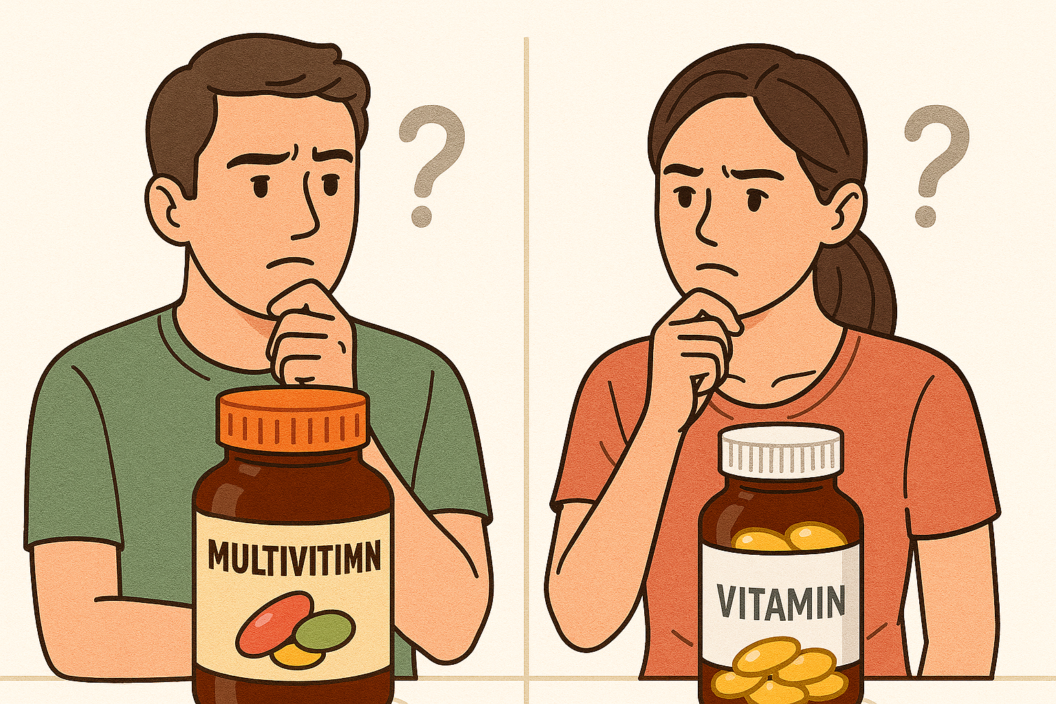 30대 40대 남성과 여성이 종합비타민과 단일영양제를 고민하는 그림 입니다.