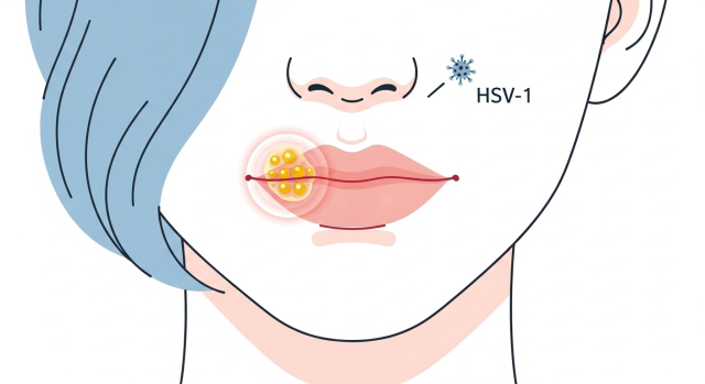 입술 가장자리에 물집이 생긴 헤르페스 1형 입술포진 개념 그림