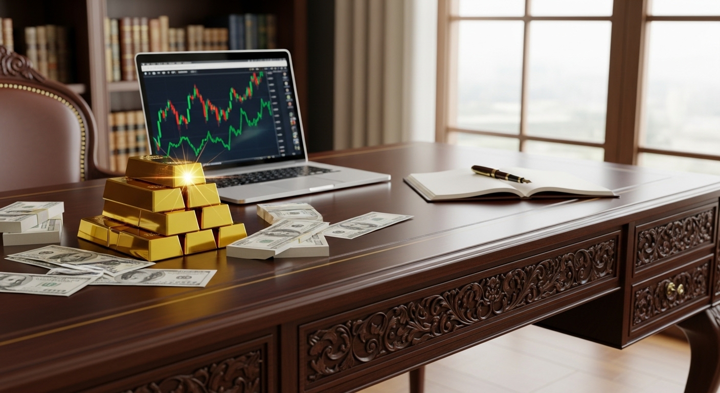 Luxurious wooden desk with gold bars and dollar bills, laptop screen showing rising graphs.