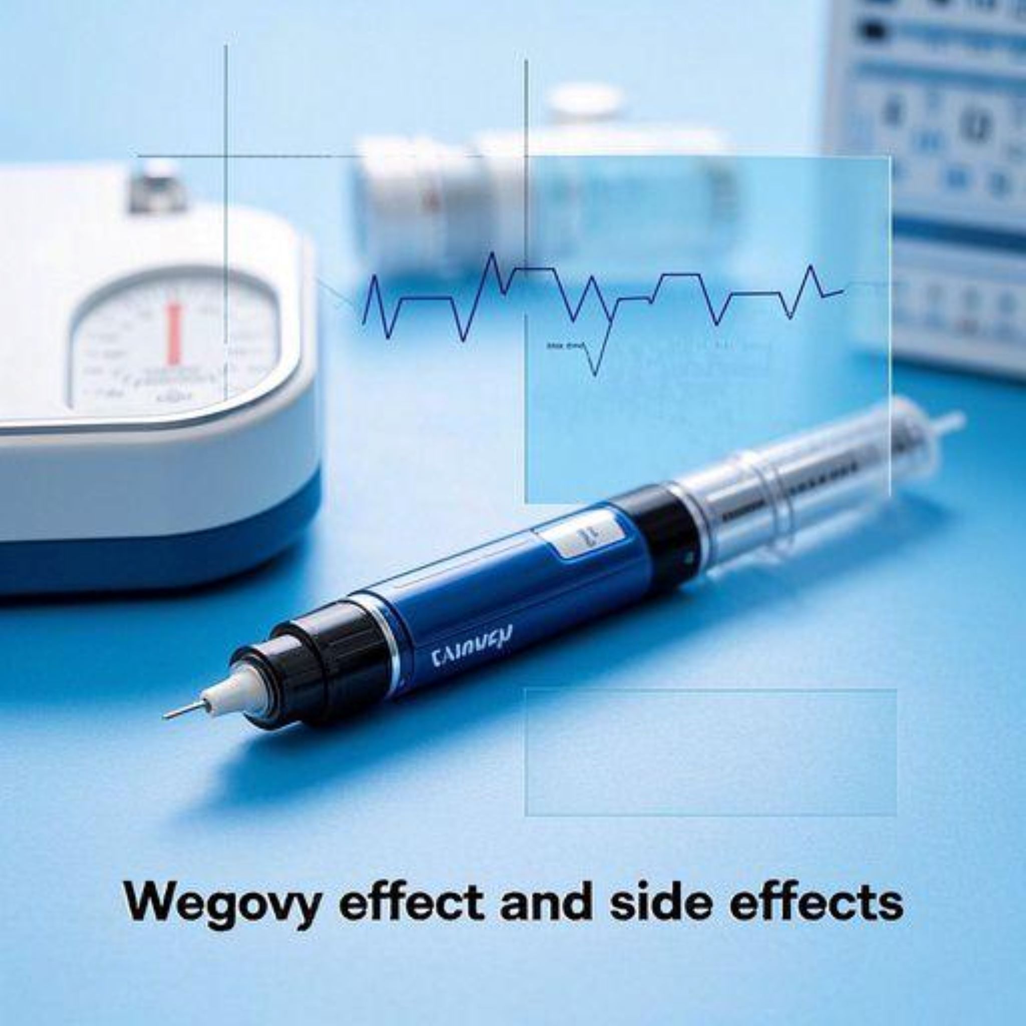 위고비(Wegovy) 주사 펜과 체중계가 함께 있는 의료적 구성