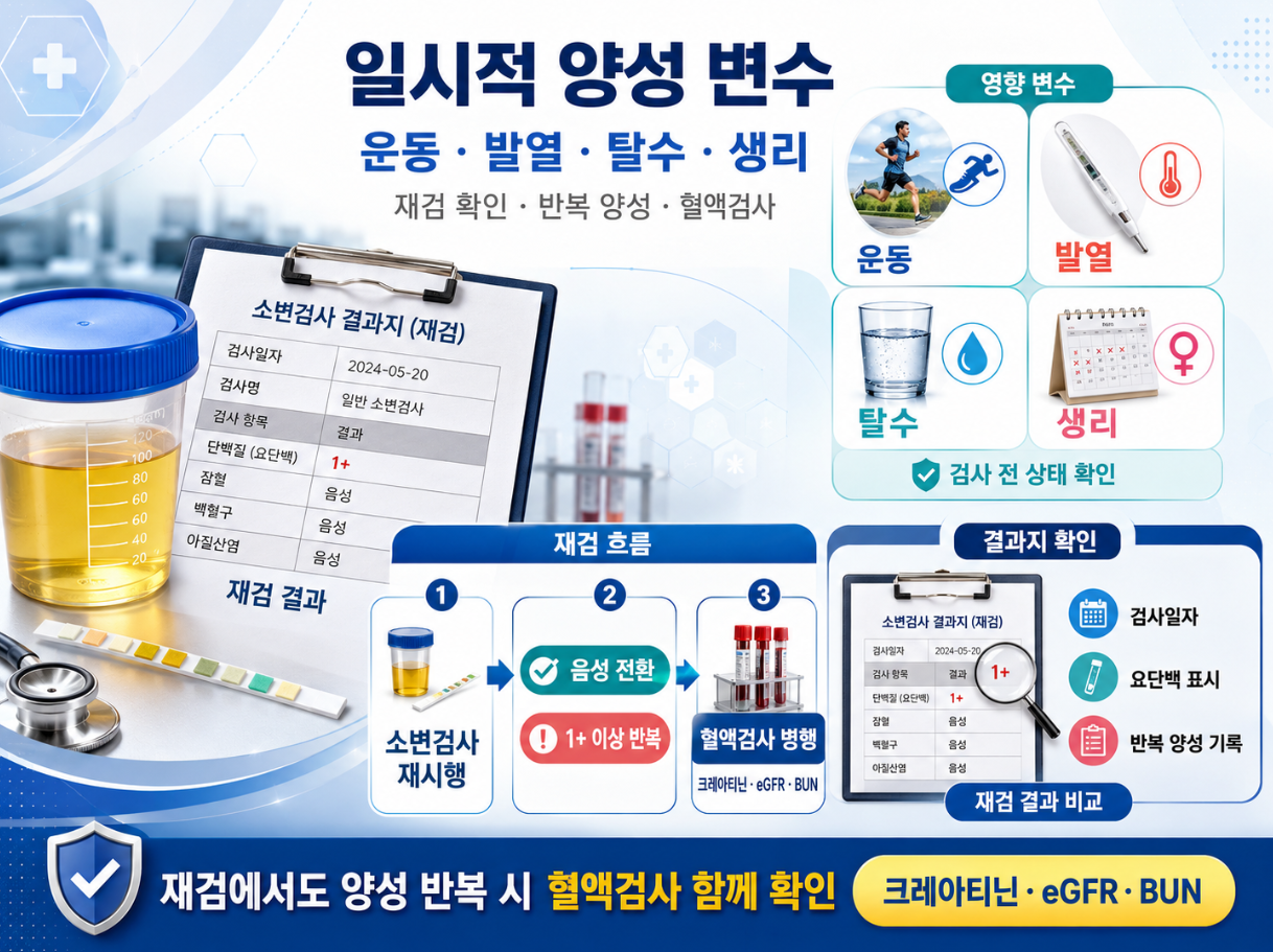 운동·발열·탈수·생리 등 요단백 일시적 양성 변수와 재검 흐름, 혈액검사 병행 기준을 설명한 의료 인포그래픽