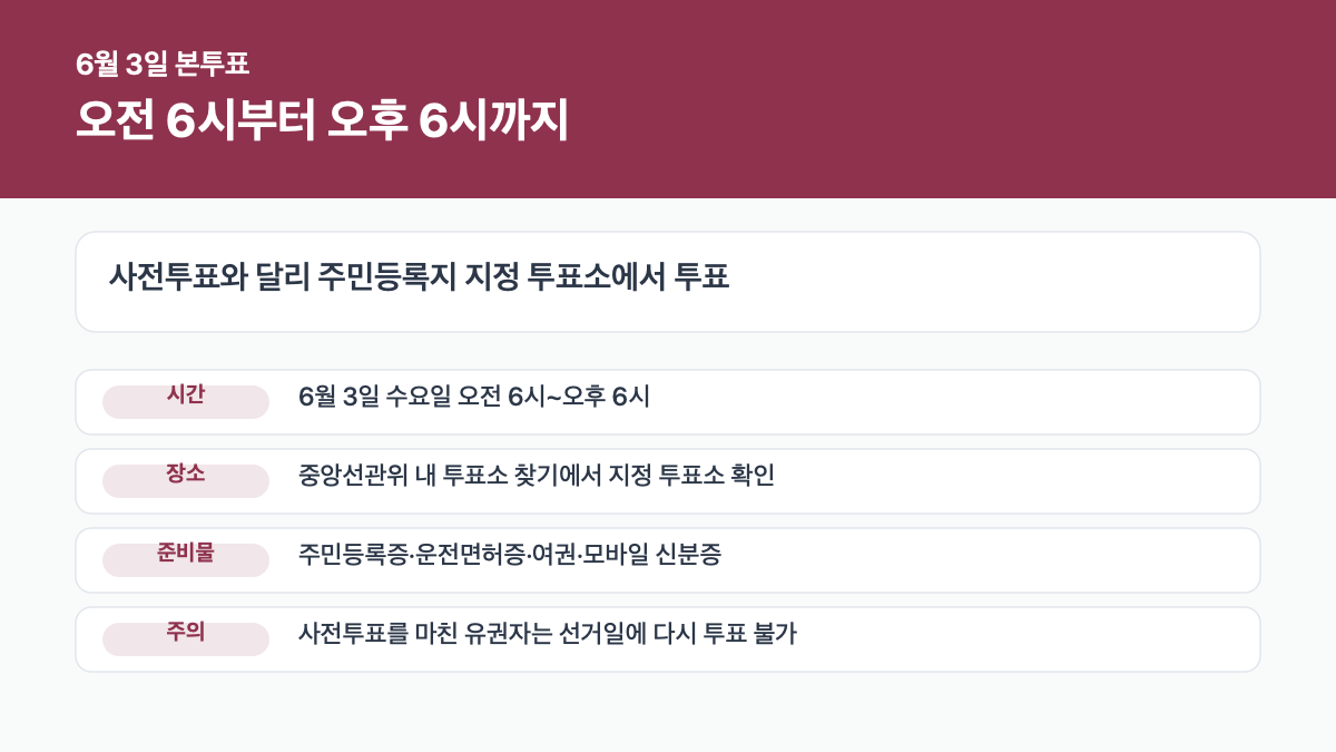 6월 3일 본투표 오전 6시부터 오후 6시 지정 투표소 신분증 안내 카드 이미지