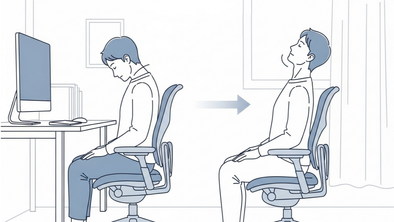 의자에 앉아 목을 앞뒤로 부드럽게 기울이는 거북목 스트레칭 동작.