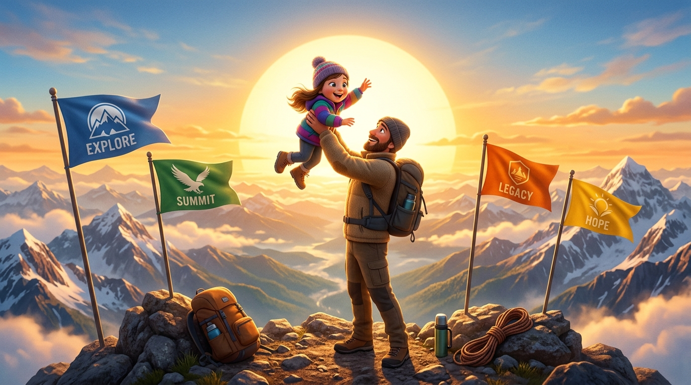 아빠가 든든하게 4대 섹터 깃발이 꽂힌 산 정상에 서서, 떠오르는 태양(미래 자산)을 향해 아이를 번쩍 들어 올리는 감동적인 3D 일러스트