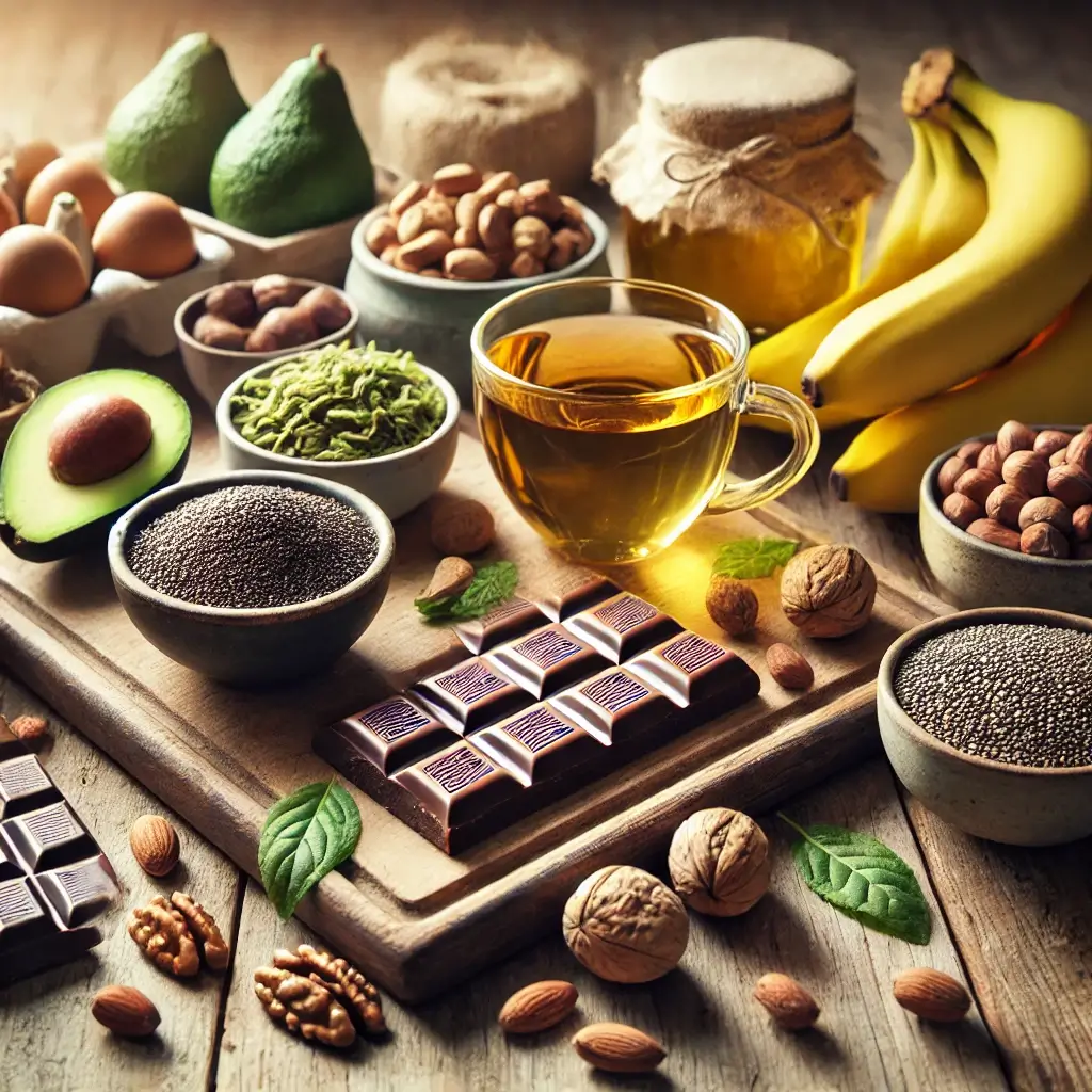 스트레스 완화에 도움이 되는 바나나, 아몬드, 녹차, 다크 초콜릿등이 잇는 이미지