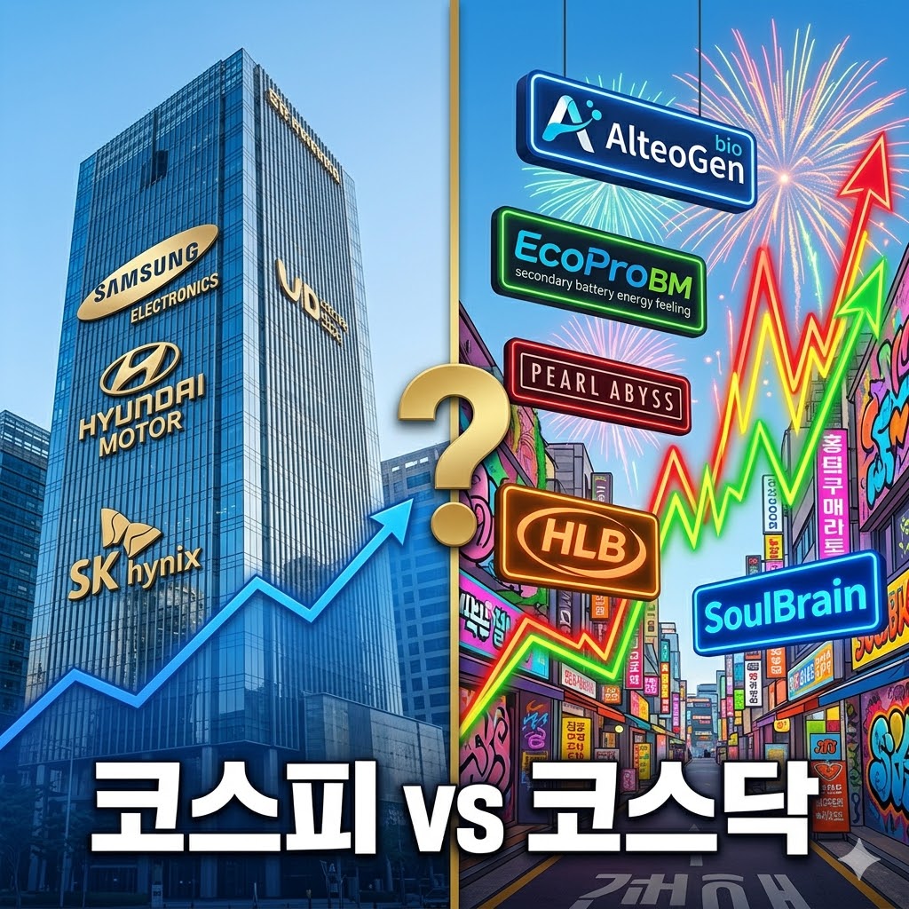 왼쪽 절반(코스피 상징)은 고급 백화점처럼 우뚝 선 현대적인 초고층 유리 빌딩으로, 빌딩 외벽에 금색으로 크게 새겨진 로고들: 삼성전자 로고, 현대차 로고, SK하이닉스 로고가 선명하게 보임. 빌딩 앞에 안정적인 푸른색 상승 그래프 선이 부드럽게 올라가는 모습, 전체적으로 차분하고 고급스러운 푸른톤 조명.

오른쪽 절반(코스닥 상징)은 활기찬 홍대 거리 벼룩시장처럼 밝고 컬러풀한 스트리트 분위기, 네온사인과 그래피티 스타일로 다양한 기업 로고가 반짝이며 떠 있음. 구체적인 로고는 다음과 같음:

알테오젠(파란색과 흰색의 현대적인 바이오 로고)

에코프로비엠(녹색과 검은색의 2차전지 에너지 느낌 로고)

펄어비스(붉은색과 검은색의 게임 스타일 로고)

HLB(주황색 계열의 바이오 로고)

솔브레인(2차전지 관련 밝은 파란 로고)

이 로고들이 네온사인처럼 빛나며 폭죽처럼 터지는 주가 그래프(빨강·노랑·초록 화려한 선들이 급상승)와 함께 어우러짐.

가운데에 커다란 금색 물음표가 두 시장을 가로지르며 연결되어 있고, 아래쪽에 “코스피 vs 코스닥”이라는 큰 흰색 한글 타이틀