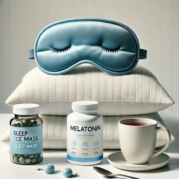 멜라토닌 수면 보조 제품과 소품 세트