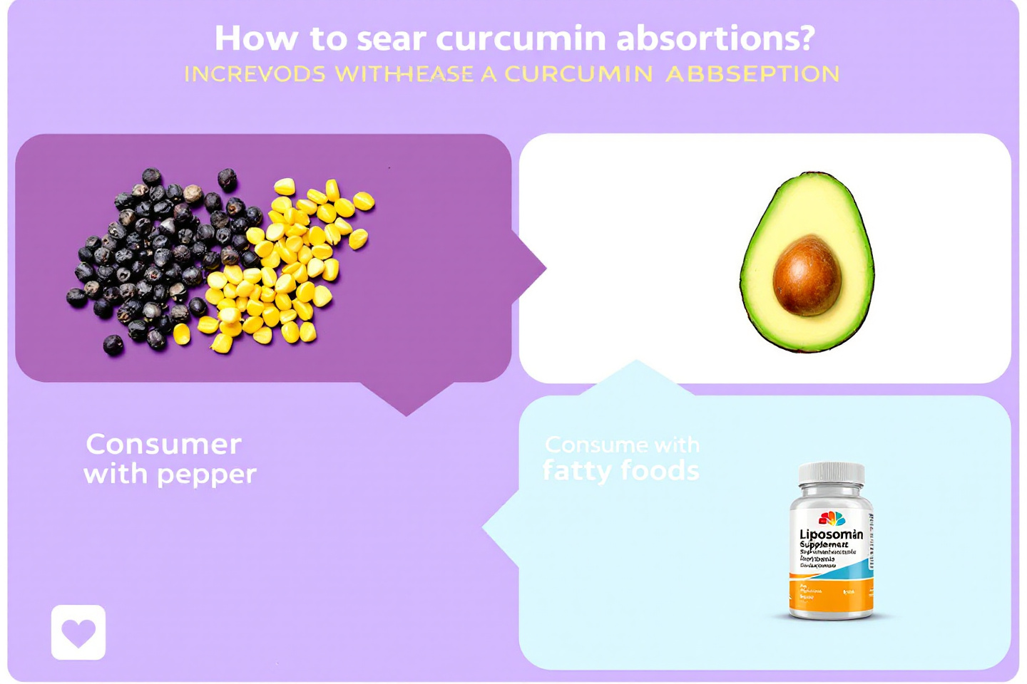 "커큐민의 흡수율을 높이는 섭취 방법 인포그래픽: 피페린, 지용성 식사, 리포좀 제형 등"
