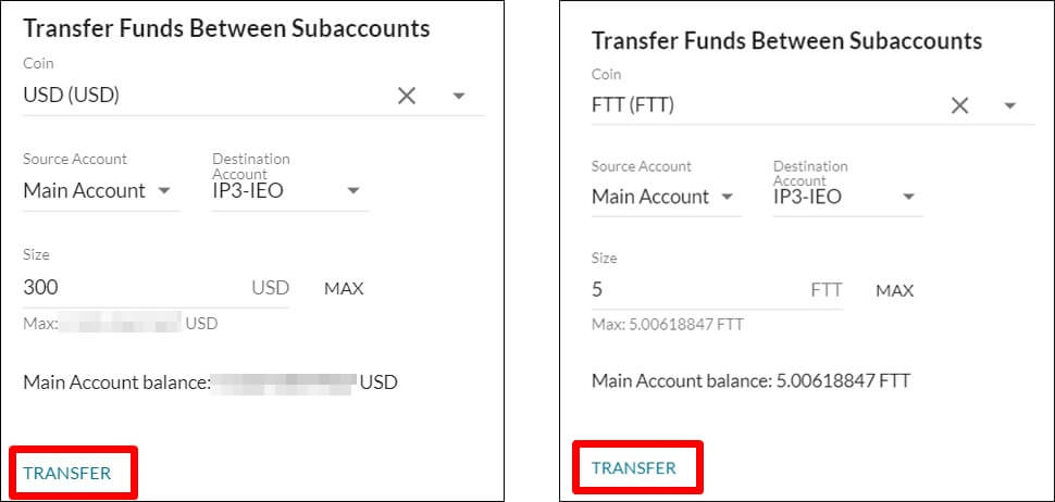 USD와 FTT 코인의 이체 세부내역을 작성하는걸 보여주는 사진
