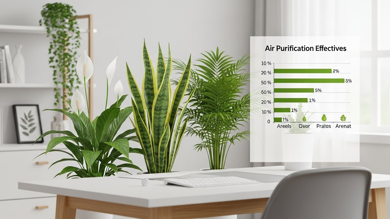 공기정화 식물인 스파티필름, 산세베리아, 아레카야자가 책상 위에 놓여 있고, 식물의 공기정화 효과 비교 데이터를 보여주는 그래프가 함께 배치된 이미지. 실내 공기 개선 정보를 시각적으로 표현한 장면.