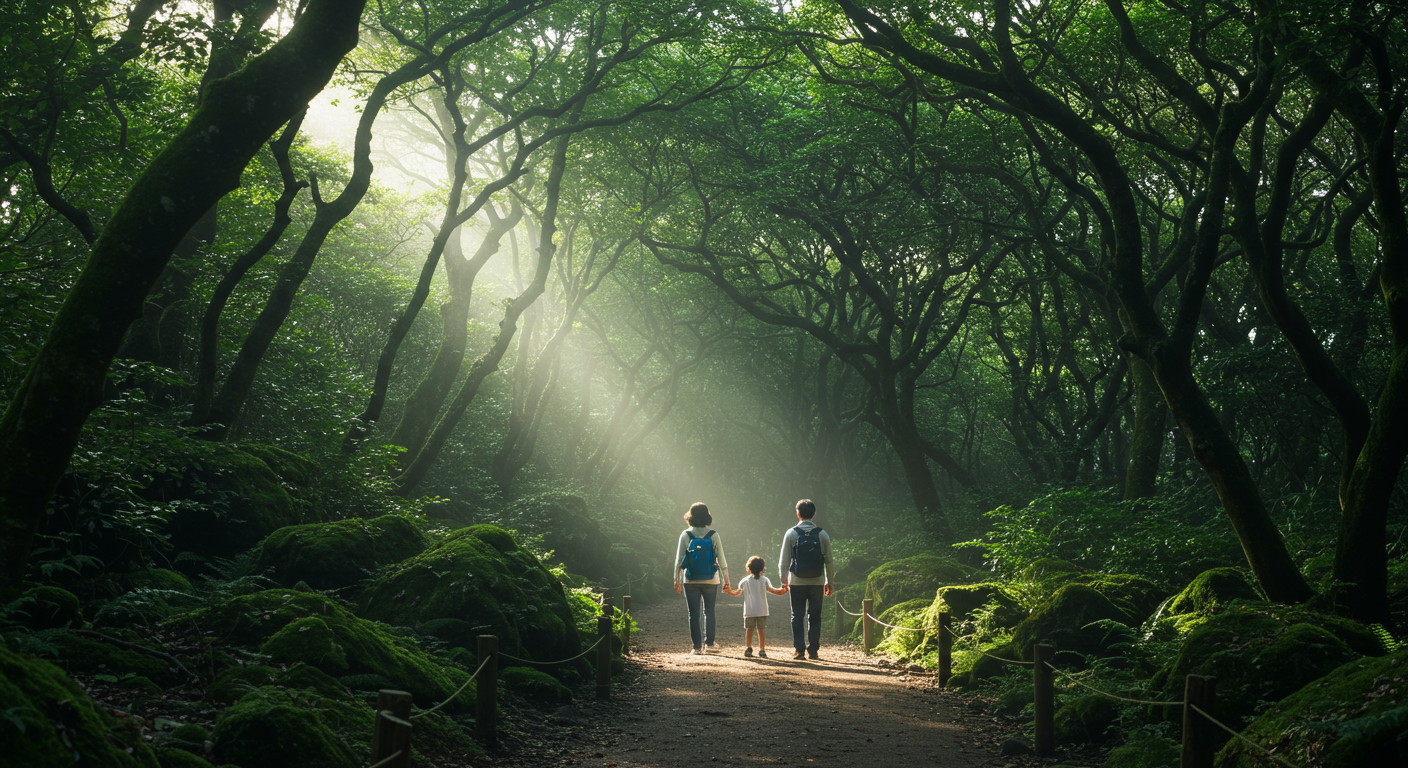 제주 곶자왈 숲길을 천천히 걸으며 자연의 평화를 느끼는 한국인 가족