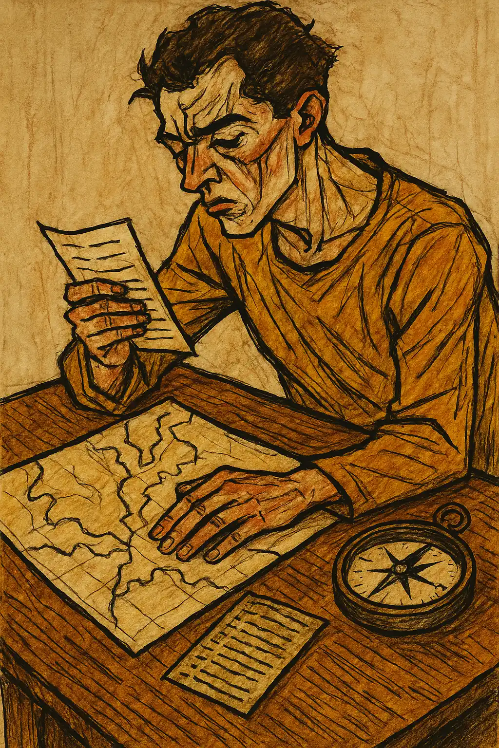 나침반, 지도, 가치 목록 등 자기 발견 도구를 활용하여 길을 찾는 모습