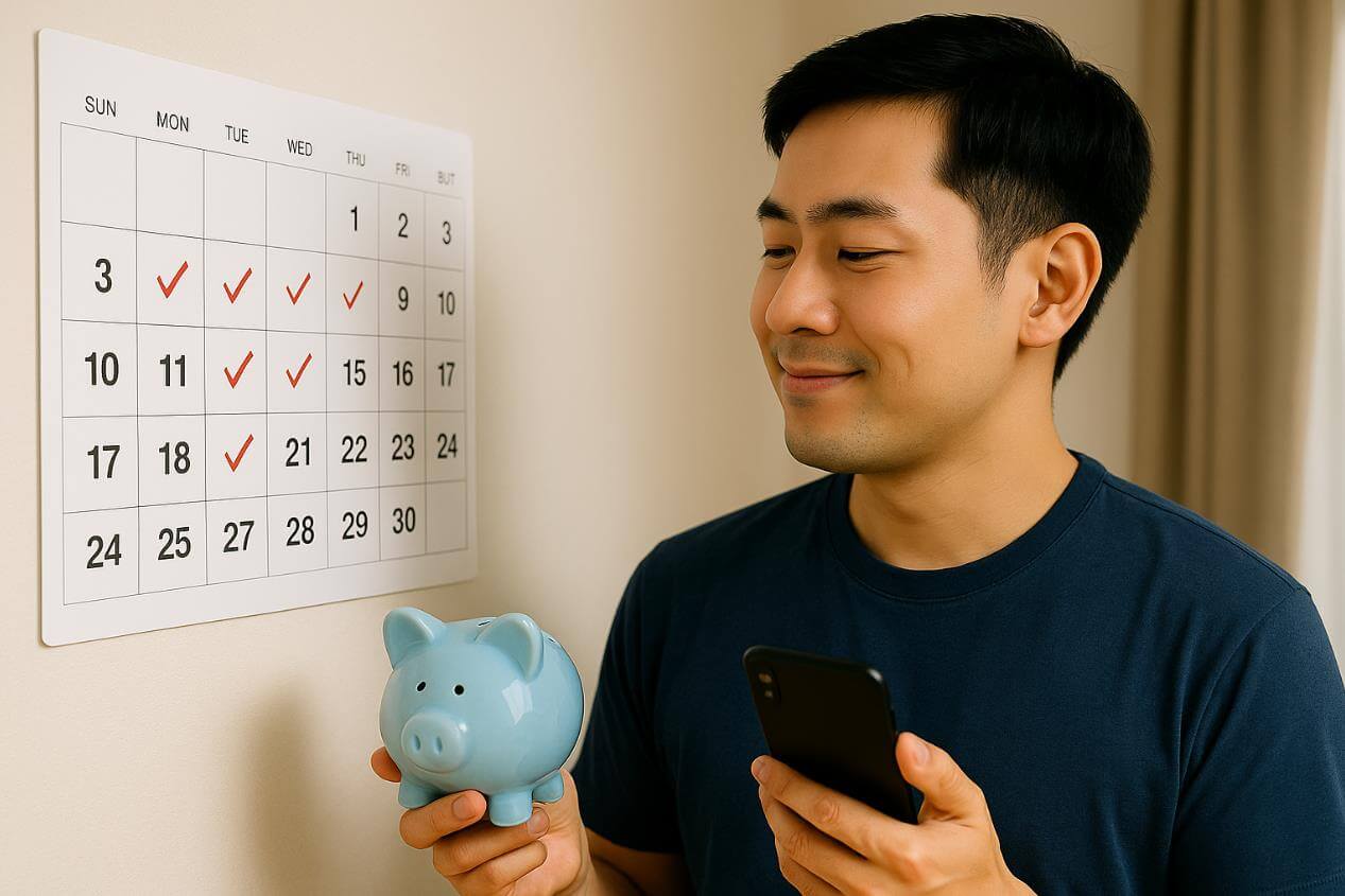 달력에 체크 표시된 날짜를 보며 저금통과 스마트폰을 든 청년.