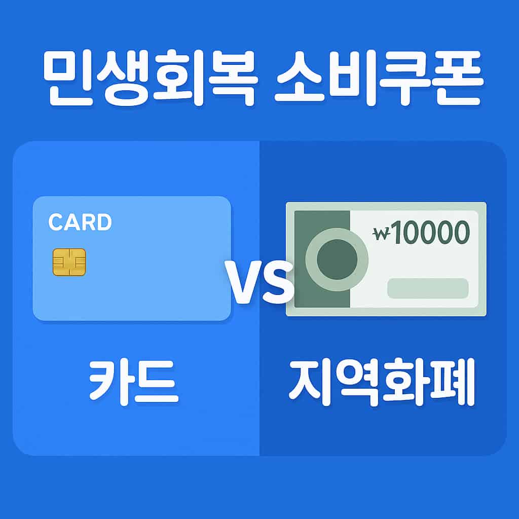 민생회복 소비쿠폰 카드형과 지역화폐를 비교하는 일러스트 – 한쪽에는 신용카드, 다른 쪽에는 전통시장 배경의 지역화폐 아이콘이 있는 균형 잡힌 디자인