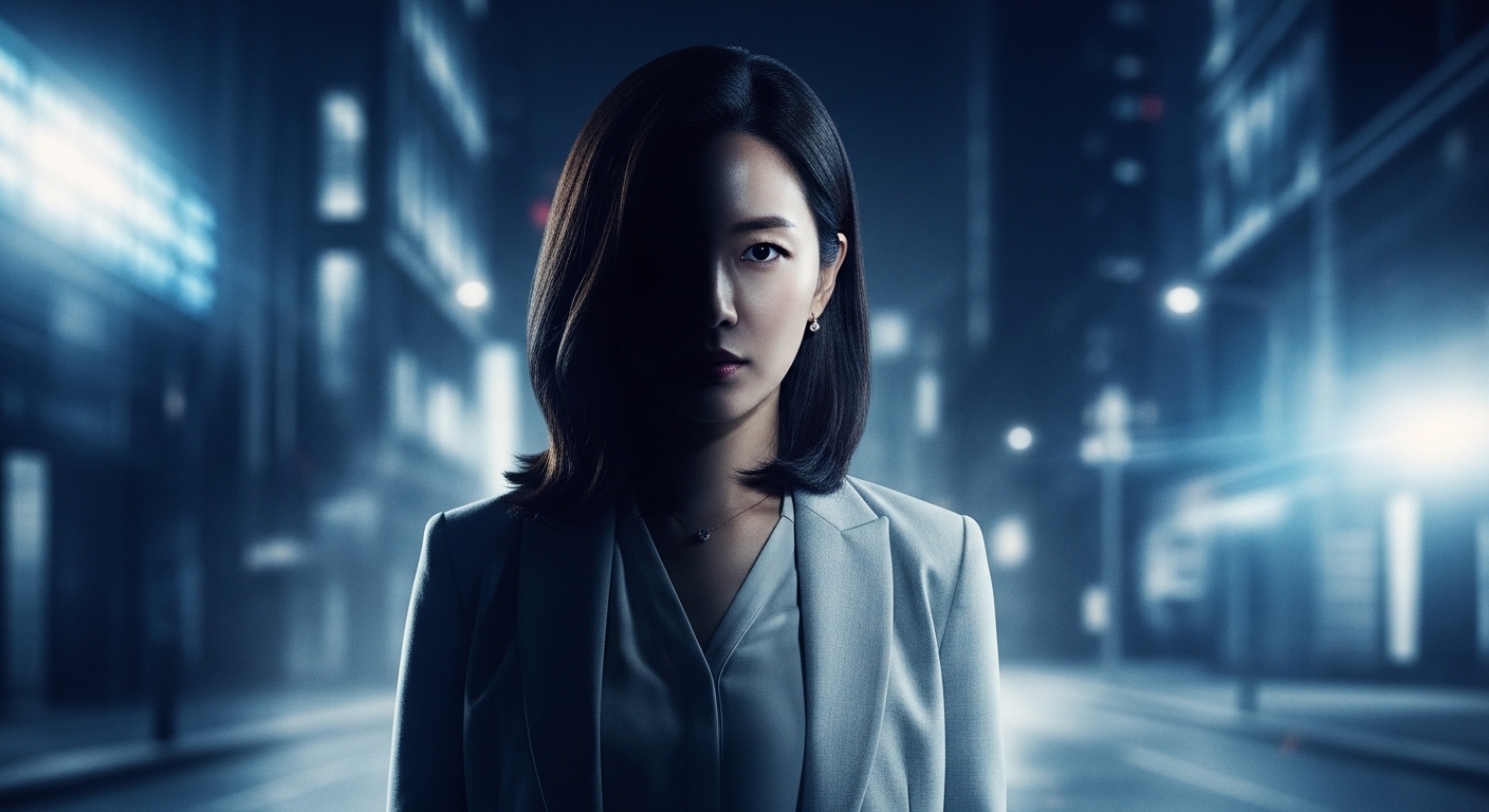 어두운 도심 밤거리에서 비밀스러운 표정으로 서 있는, 세련된 오피스룩의 국정원 블랙요원 미쓰홍.