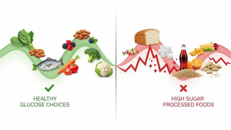 Healthy glucose choices with vegetables, fish, and nuts compared to high sugar processed foods that cause blood sugar spikes