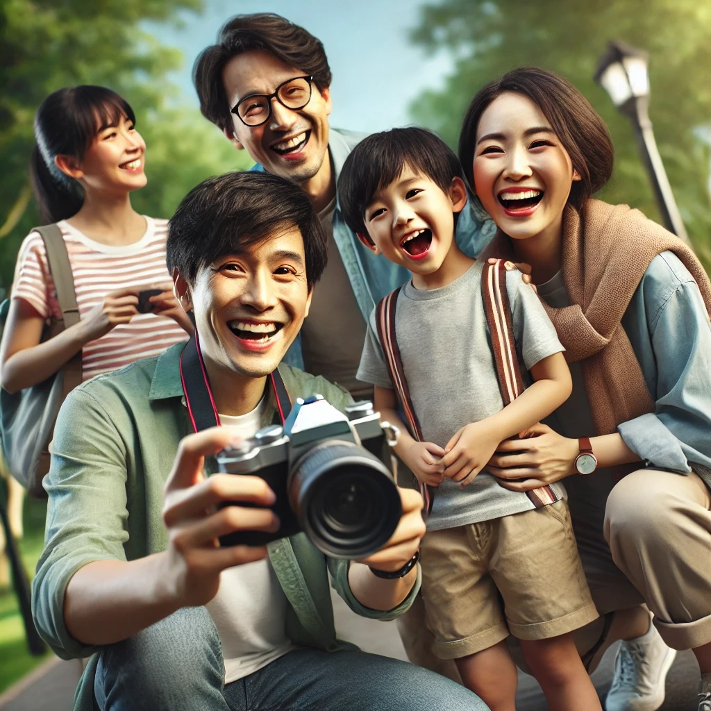 사진찍으며 행복한 가족