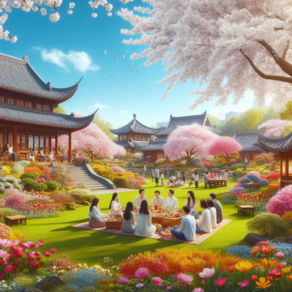 봄 여행을 즐기고 있는 사람들