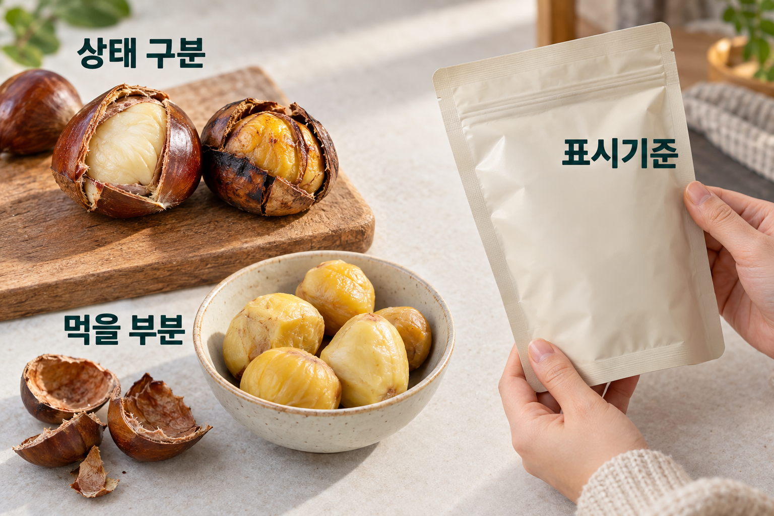 껍질과 과육을 구분하고 먹을 양을 덜어 두며 제품의 표시 기준을 확인하는 모습