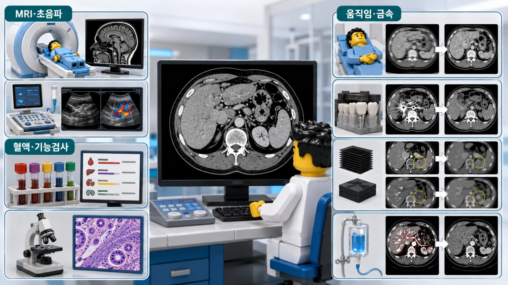 CT와 함께 사용하는 MRI&middot;초음파&middot;혈액검사&middot;조직검사 및 CT 영상에 영향을 주는 촬영 조건을 비교한 의료 인포그래픽