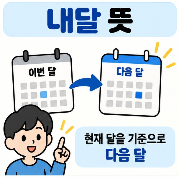 달력에서 이번 달과 다음 달을 화살표로 연결하며 내달 뜻 문구를 보여주는 대표 카드뉴스 이미지