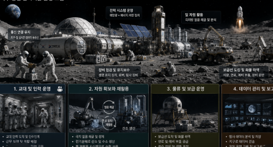 달 표면 위 달 기지와 자원 채굴 차량, 보급선 착륙 장면이 함께 보이는 달 기지 운영 시스템