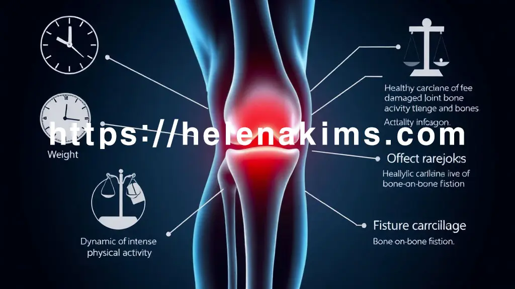 인체 무릎 관절을 중앙에 있고, 주변에 시간의 흐름을 상징하는 흐릿한 시계 바늘, 체중계 아이콘, 격렬한 운동 실루엣, 그리고 손상된 관절, 관절 내부의 건강한 연골이 점차 닳아 없어지면서 뼈와 뼈가 직접 마찰 하는 모습.