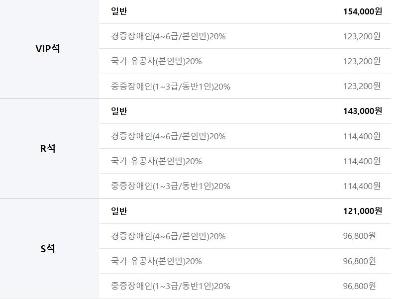 티켓 가격 및 좌석 등급