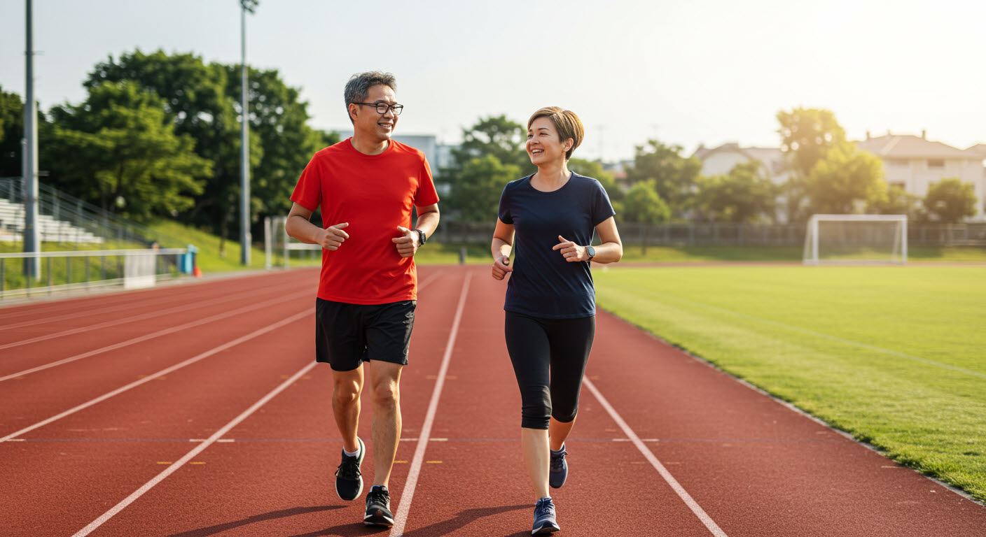 남녀 커플이 트랙에서 천천히 달리고 있다