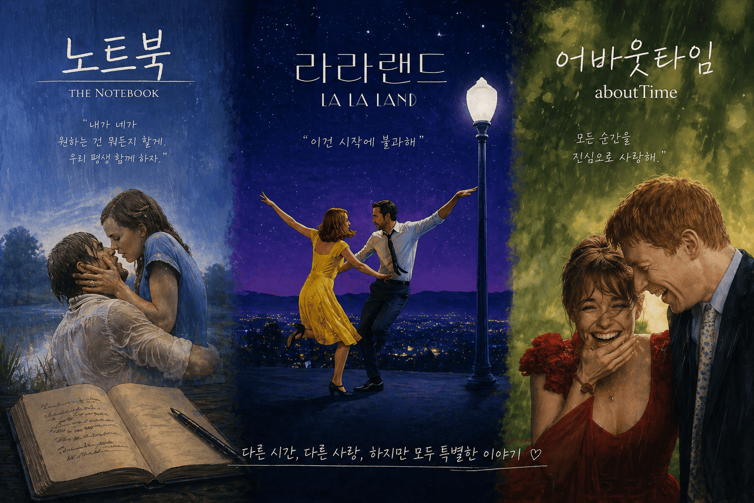 노트북, 라라랜드, 어바웃타임 영화 포스터