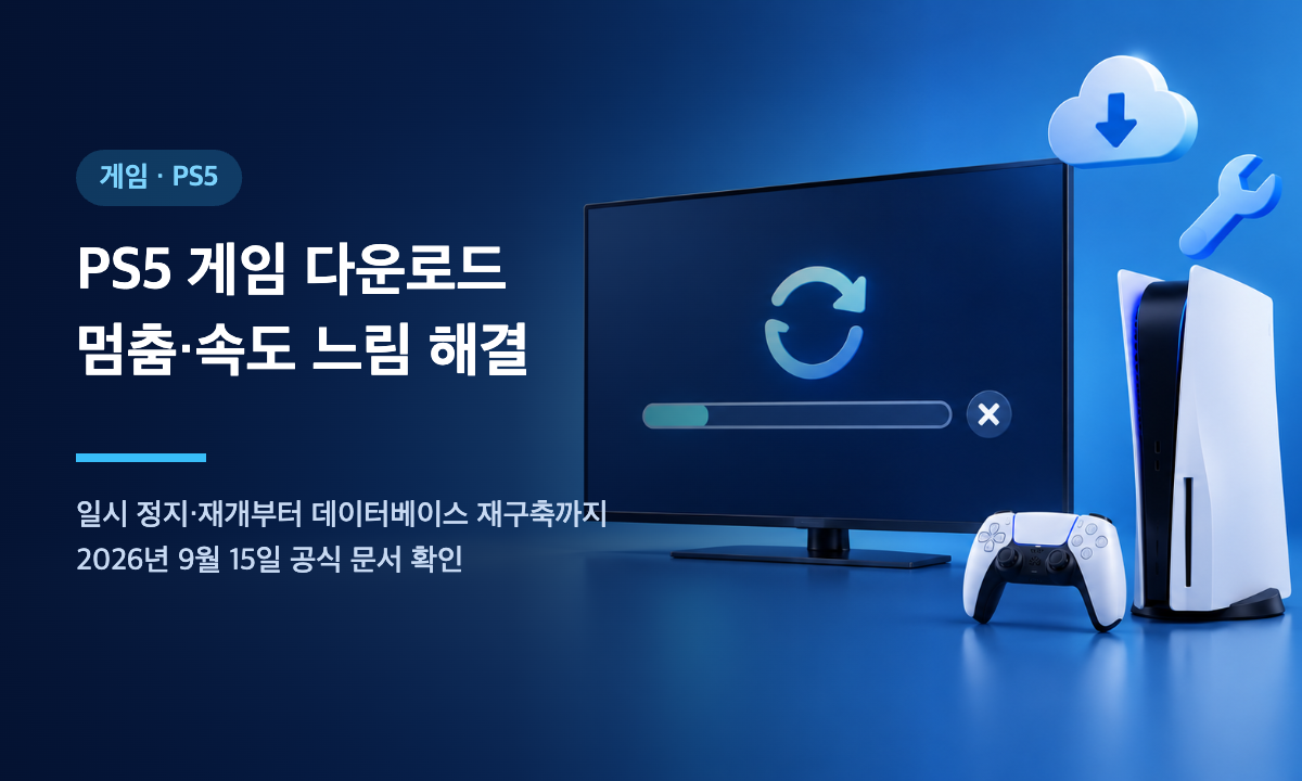 PS5 콘솔과 TV 화면에 멈춘 게임 다운로드 진행 막대가 표시된 일러스트