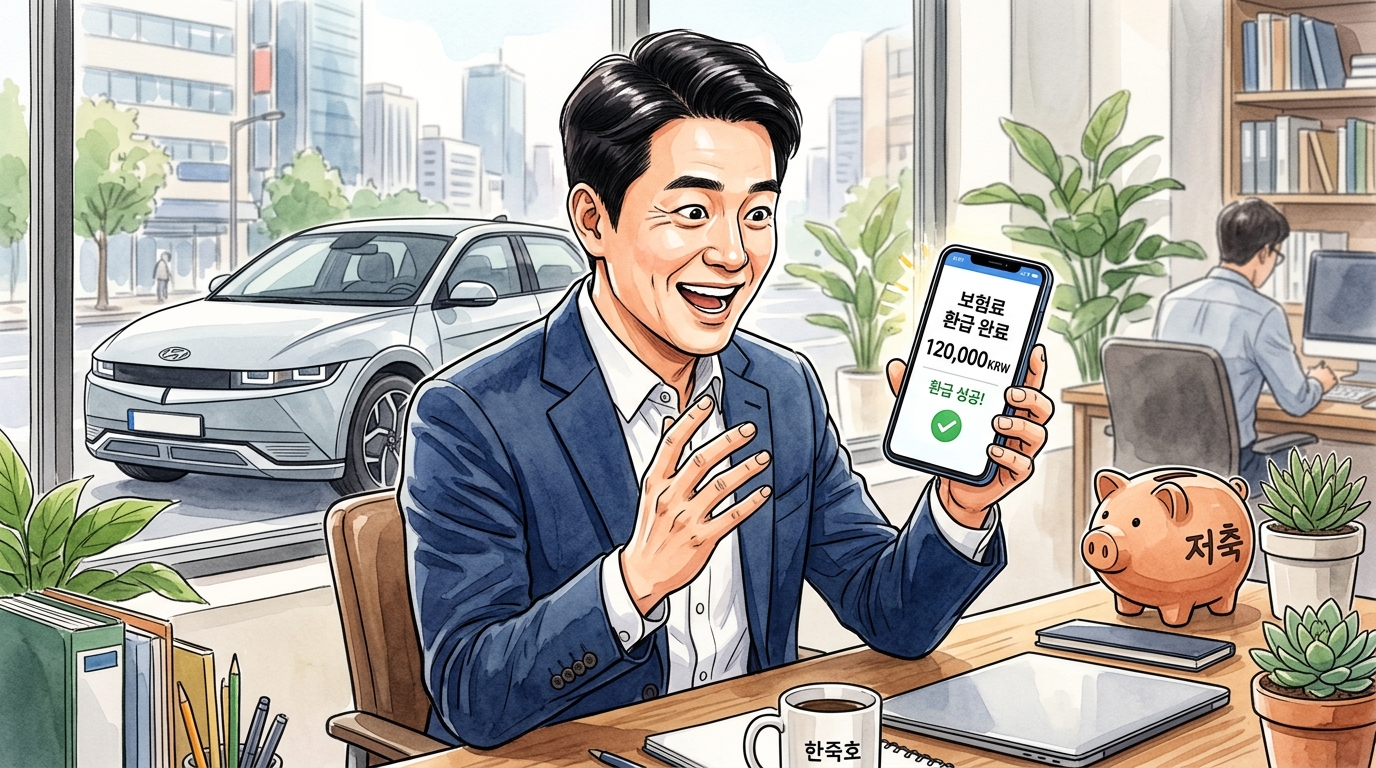 자동차 보험 환급금 조회 신청하여 12만 원 환급금 받고 기뻐하는 모습.
