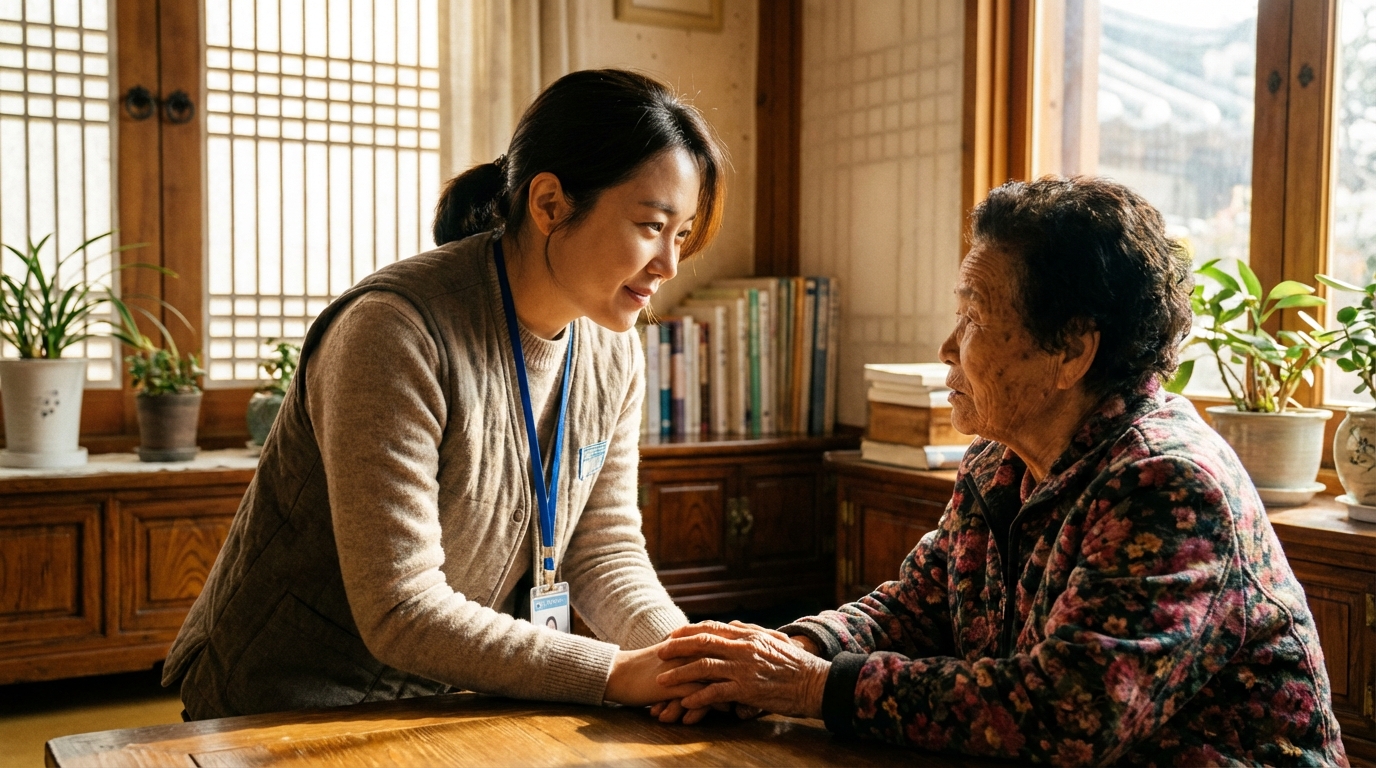 어르신의 손을 잡고 따뜻하게 공감하며 상담을 진행하는 2026년 재가요양 사회복지사의 감동적인 모습