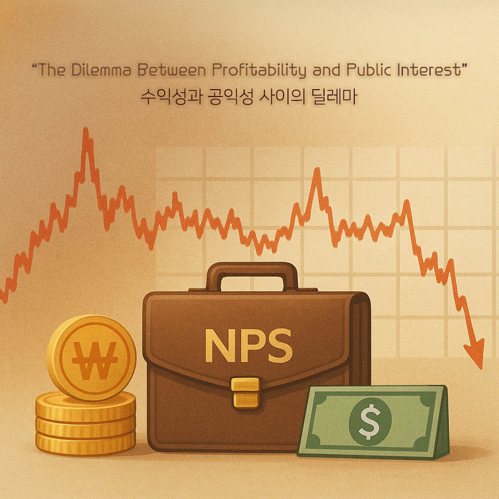 '수익성과 공익성 사이의 딜레마' 문구와 함께 환율 변동 그래프 아래 NPS 가방, 원화, 달러가 놓인 일러스트.