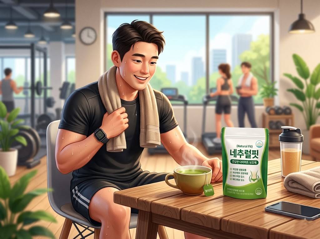 운동을 마친 한국인 남성이 테이블 위에 놓인 녹차 잔과 다이어트 보조제 패키지를 바라보는 건강한 느낌의 3D 일러스트