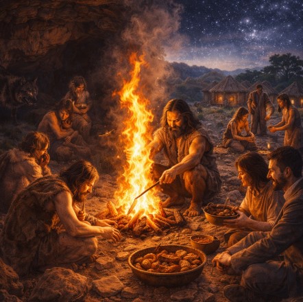 불을 다루게 된 이후 인간의 생활 방식과 행동, 공동체 구조가 변화하는 과정을 상징적으로 표현한 이미지입니다.