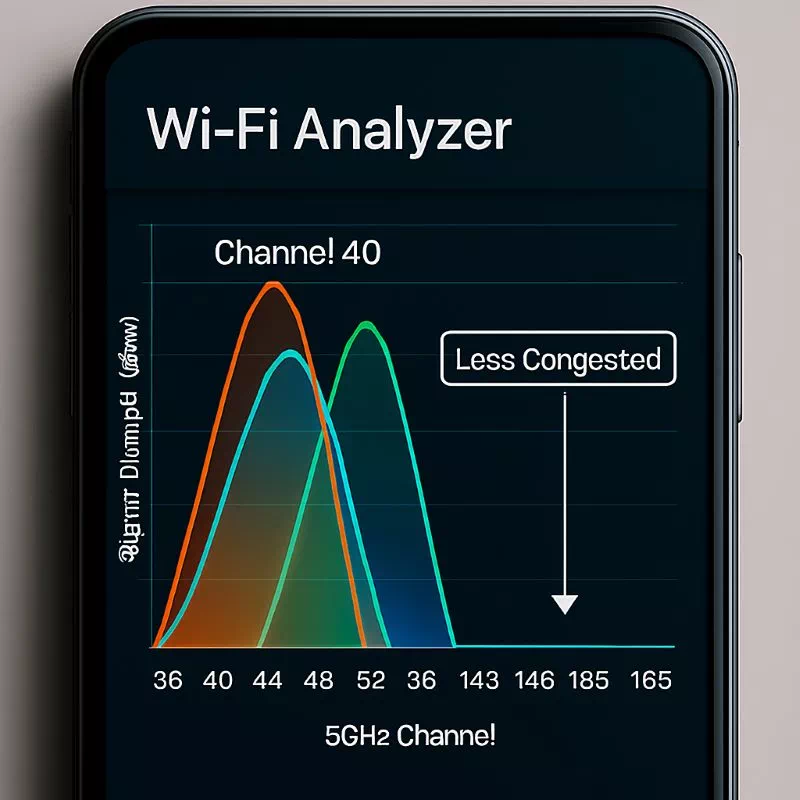 : 와이파이 분석 앱으로 확인한 5GHz 주파수 채널 간섭 현황 그래프. 높은 봉우리는 혼잡한 채널을, 낮은 선은 간섭이 없는 빈 채널을 나타냅니다.