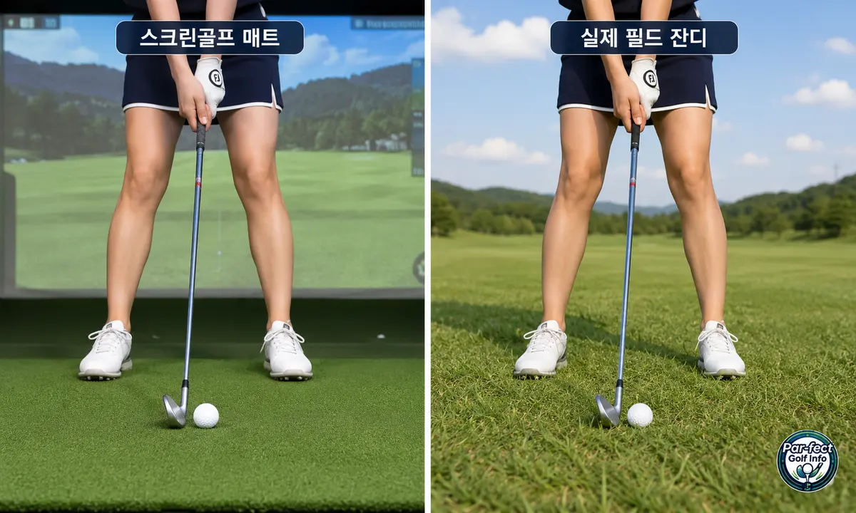평평한 스크린골프 인조 매트 위 공과 잔디 길이와 지면 상태가 일정하지 않은 실제 필드 위 공의 라이를 비교한 모습