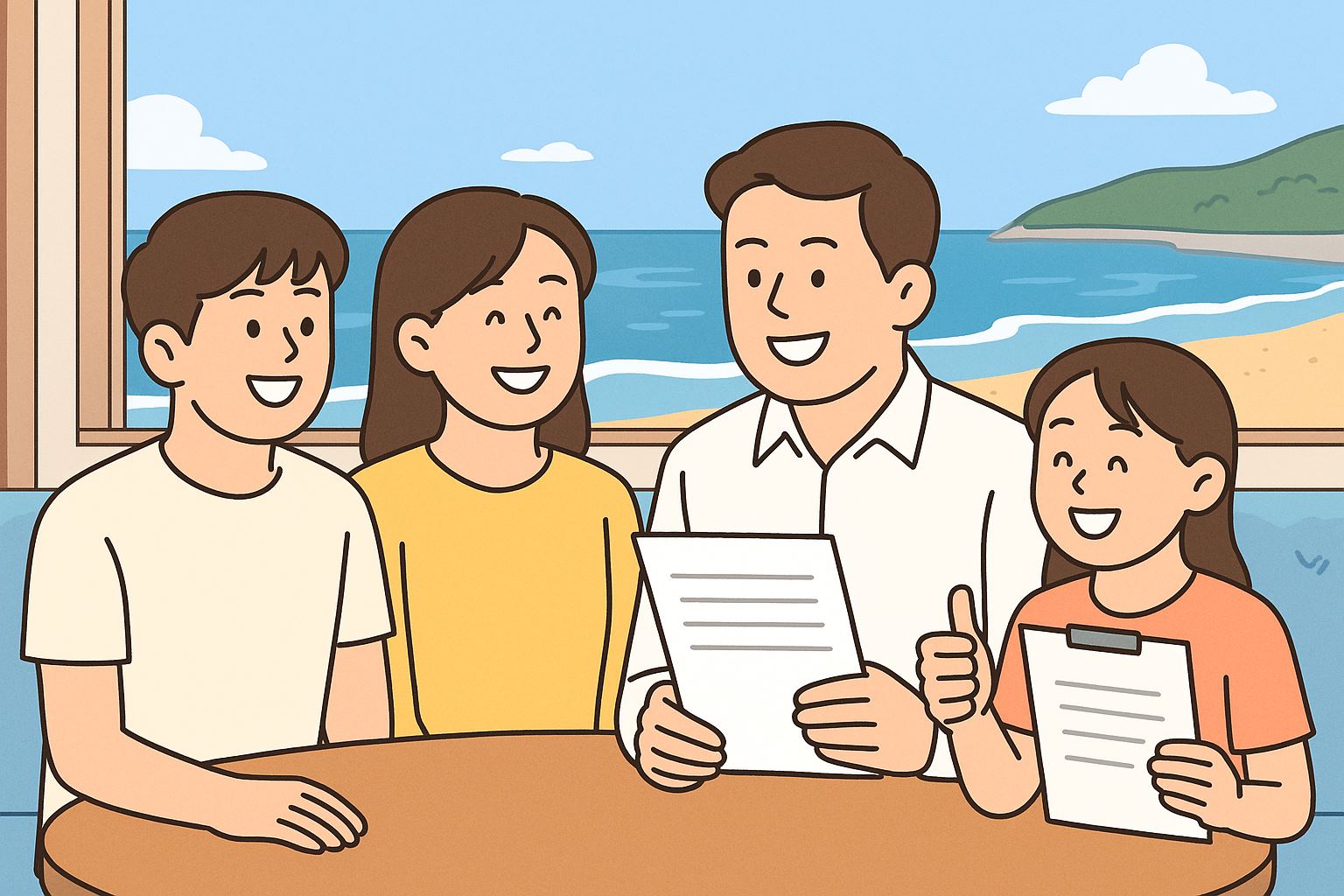 가족들이 모여 웃고있는 웹툰 이미지 배경은 바다가 보이는 카페