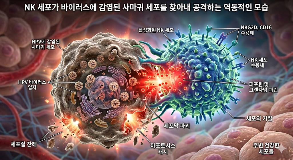 인체 면역 세포인 NK 세포가 사마귀 바이러스 감염 세포를 공격하는 과학적 이미지
