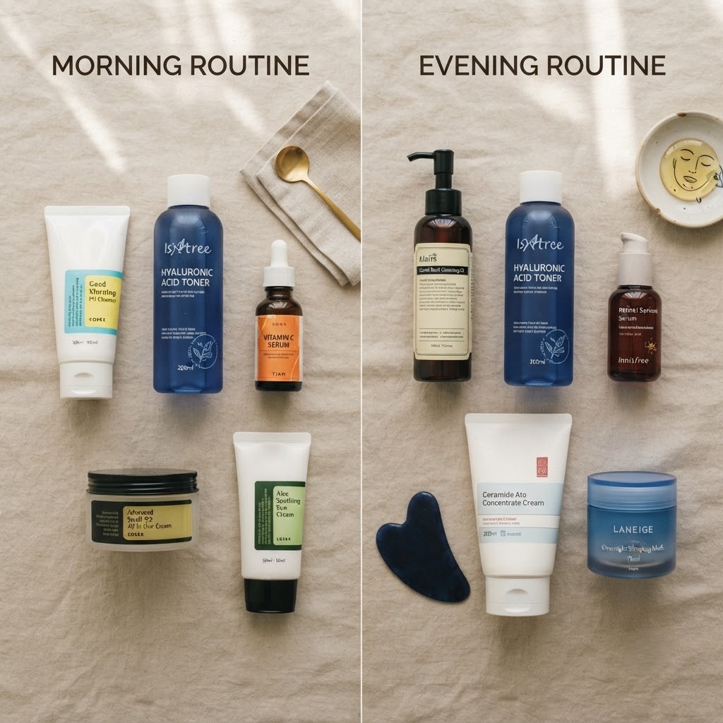 Flat lay photography of skincare bottles split into morning and evening sets, hyaluronic acid toner and ceramide cream, minimal beige background, soft shadows, Korean beauty product styling