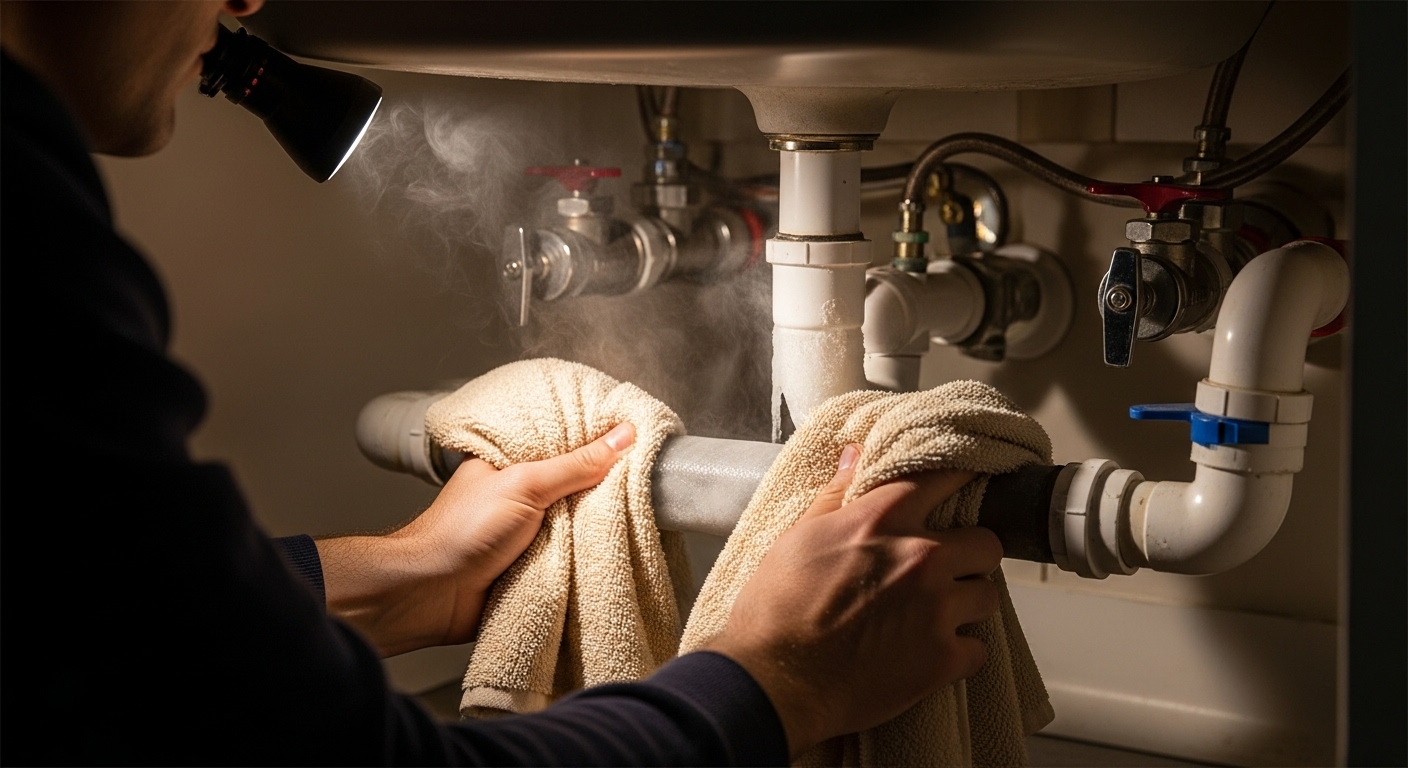 사람이 따뜻한 물수건으로 싱크대 아래 얼어붙은 수도관을 조심스럽게 녹이고 있는 모습. 안전한 동파 복구법을 시연합니다.